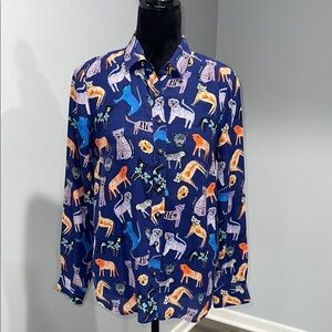 Anthropologie Carolyn Gavin size 4 Blue Mariposa Silk Blouse Lion Leopard Art